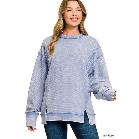 Acid Washed Double Ribbed Exposed-Seam Pullover