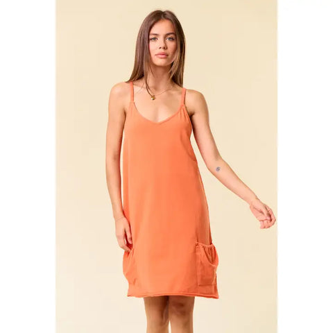 Vintage Washed Scoop Neck Mini Dress-orange