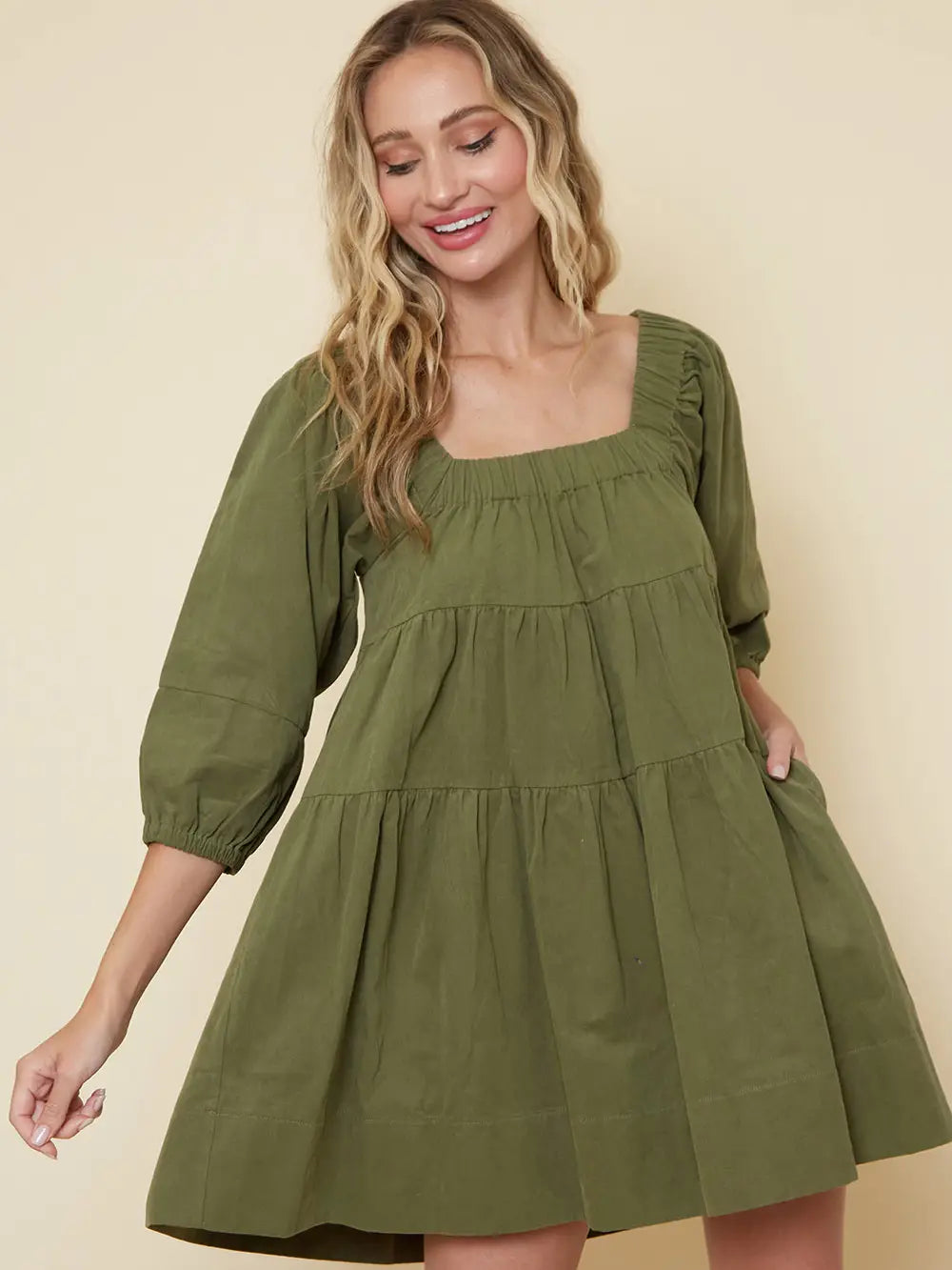 Olive Square Neck Western Babydoll Dress w/ Pockets