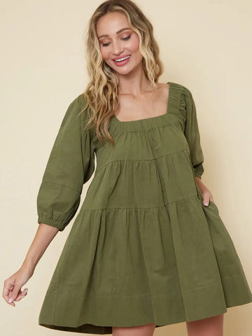 Olive Square Neck Western Babydoll Dress w/ Pockets