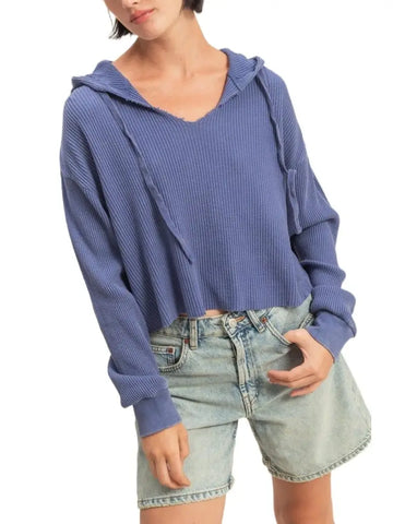 Mineral Washed Cropped Waffle Knit Hoodie