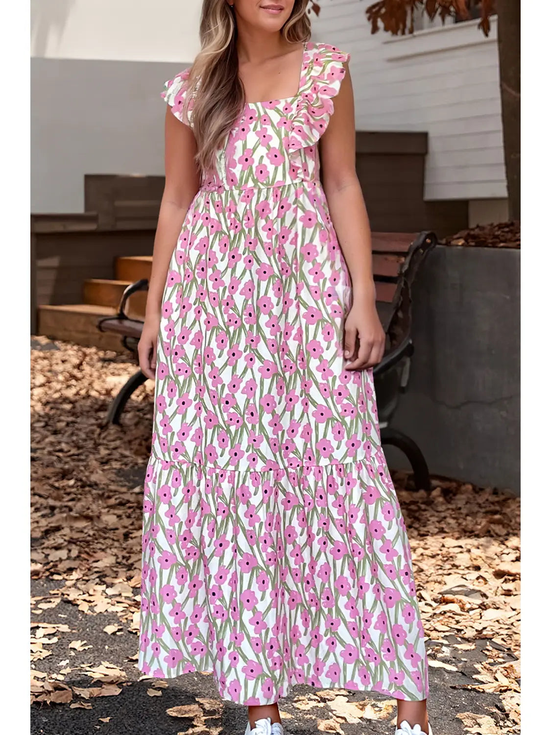 Ruffle Trim Square Neck Floral Maxi Dress (S-3X)