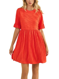 Wavy Texture Short Sleeve Babydoll Mini Dress