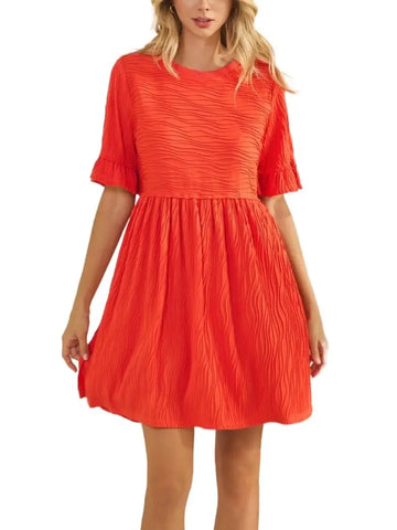 Wavy Texture Short Sleeve Babydoll Mini Dress