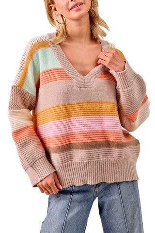Multi Colors Stripes Rib Banded V-Neck Sweater Top