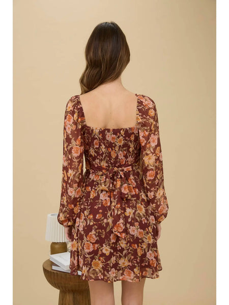 Floral Sweetheart Long Sleeve Back Tie Mini Dress