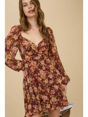 Floral Sweetheart Long Sleeve Back Tie Mini Dress