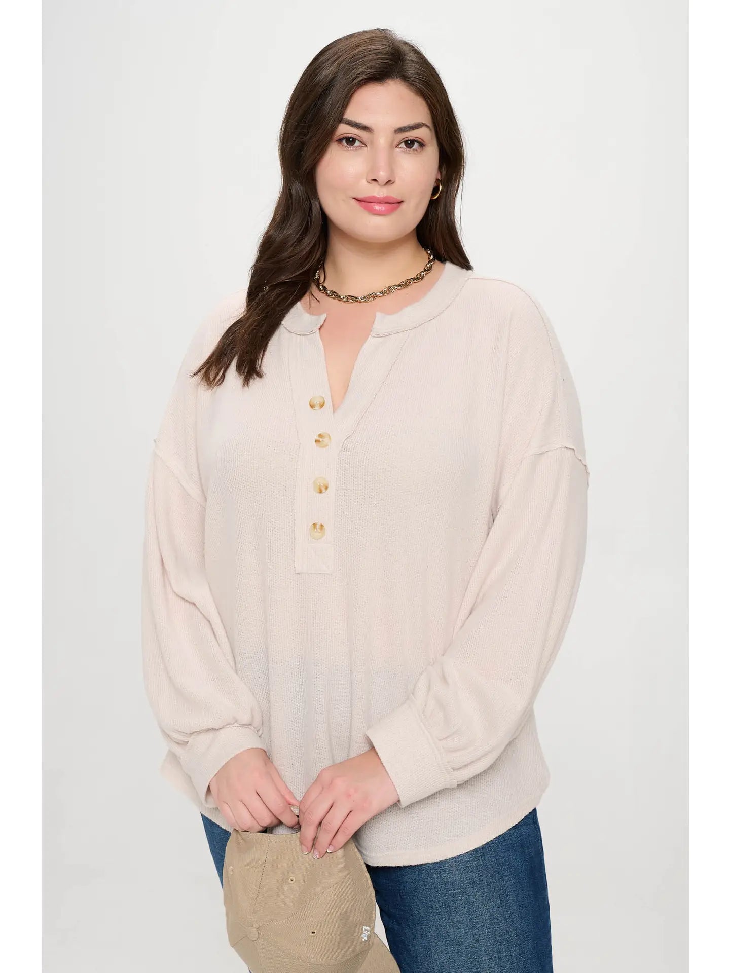 Plus V Neck Half Button Long Sleeve Knit Top-TAUPE