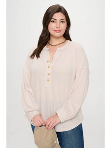 Plus V Neck Half Button Long Sleeve Knit Top-TAUPE