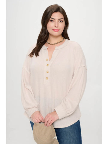 Plus V Neck Half Button Long Sleeve Knit Top-TAUPE
