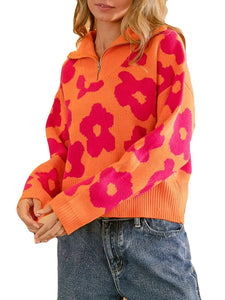 Flower Pattern Half Zip Sweater