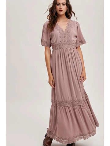 Lace Trimmed V-Neck Maxi Dress