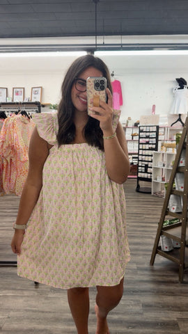 Folk Floral Printed Ruffle Cap Sleeve Mini Dress