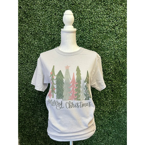Merry Christmas Trees On Silver Tee