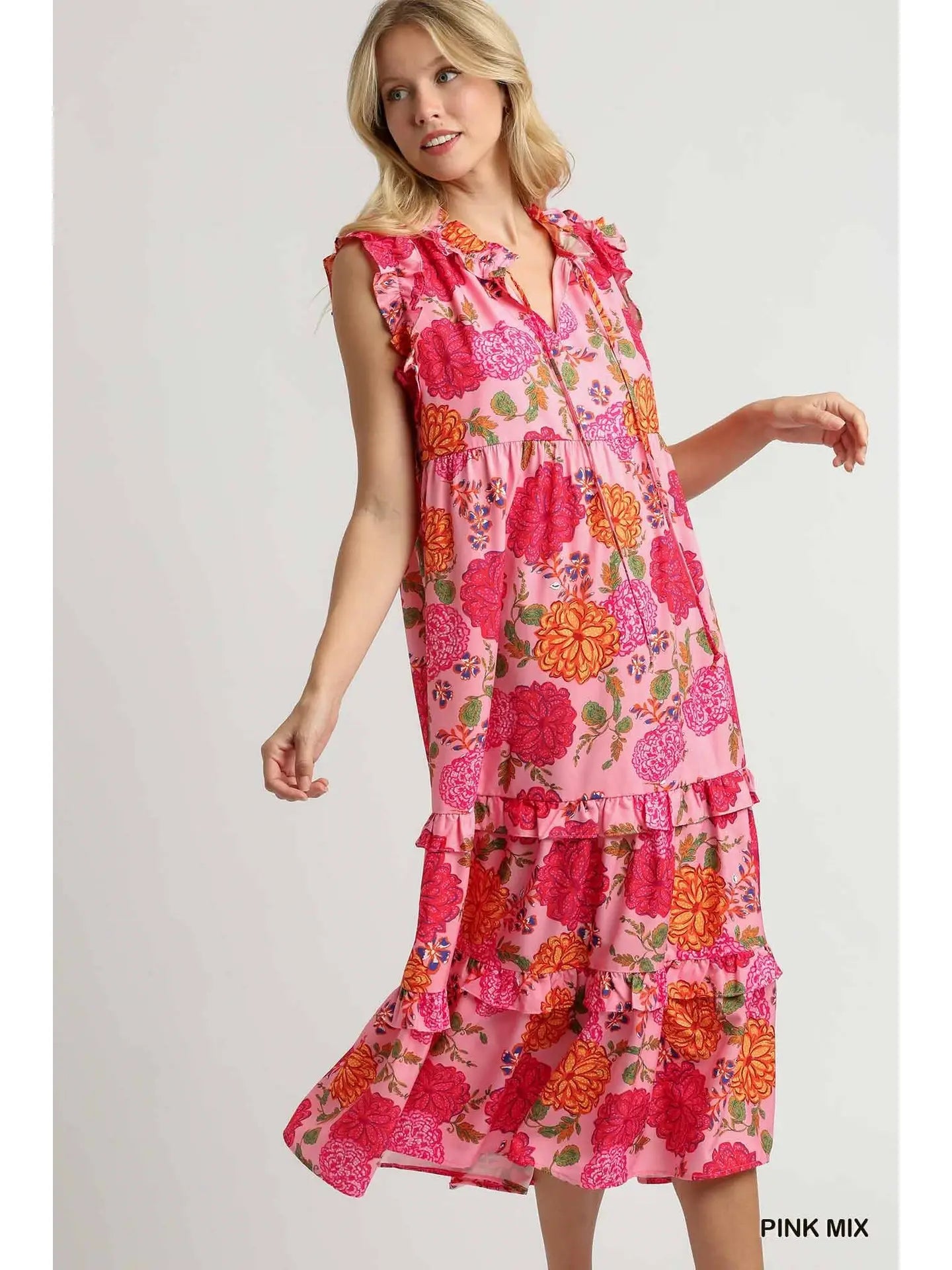 Floral Print Ruffle V-Neck Front Tie Tiered Maxi Dress