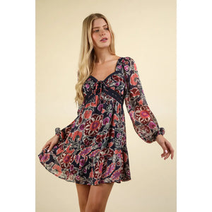 Lacetrim Detail Printed Holiday Mini Dress