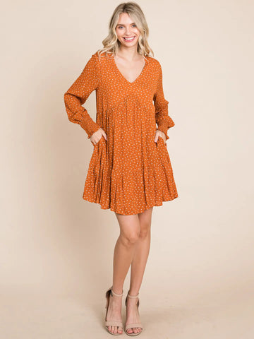 V Neck Floral Printed Long Sleeve Pleated Dress