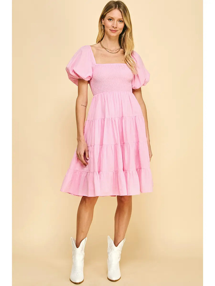 Smocked Bodice Midi Dress - Pink