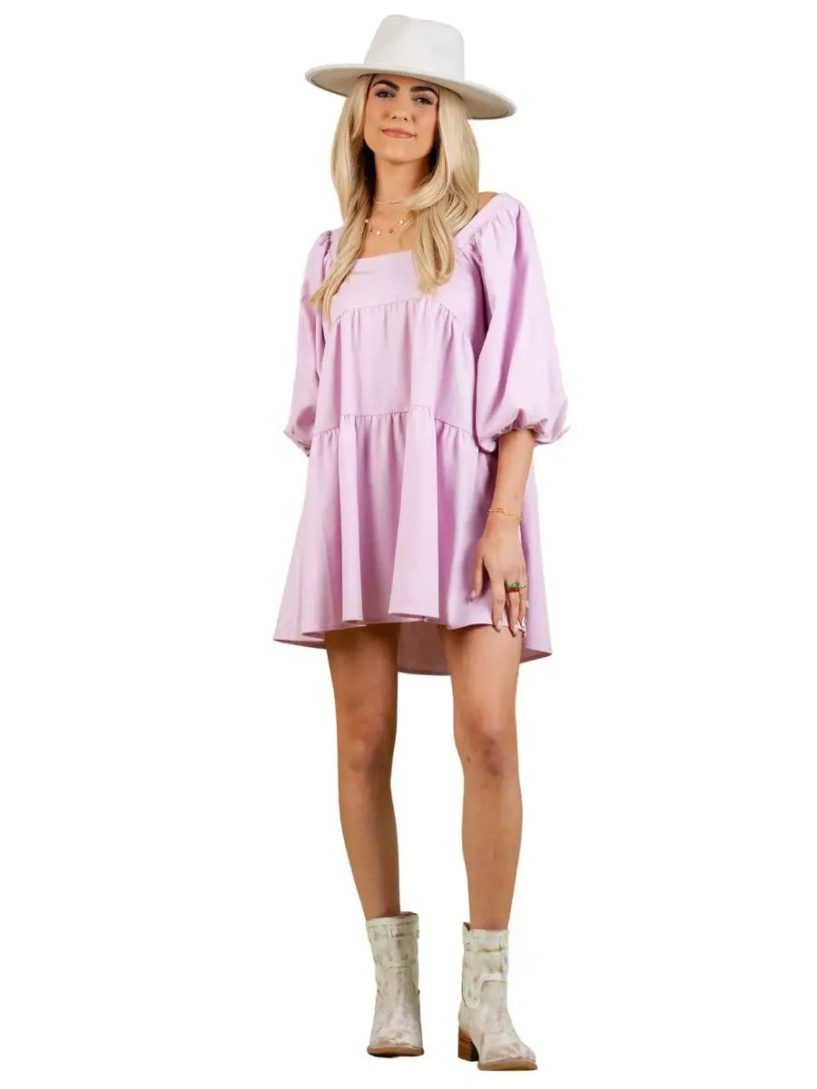 Linen Babydoll Tiered Dress in Lavender