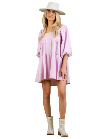 Linen Babydoll Tiered Dress in Lavender