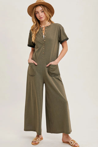 Dot Half Button Wide Leg Jumpsuit with Pockets-GREEN