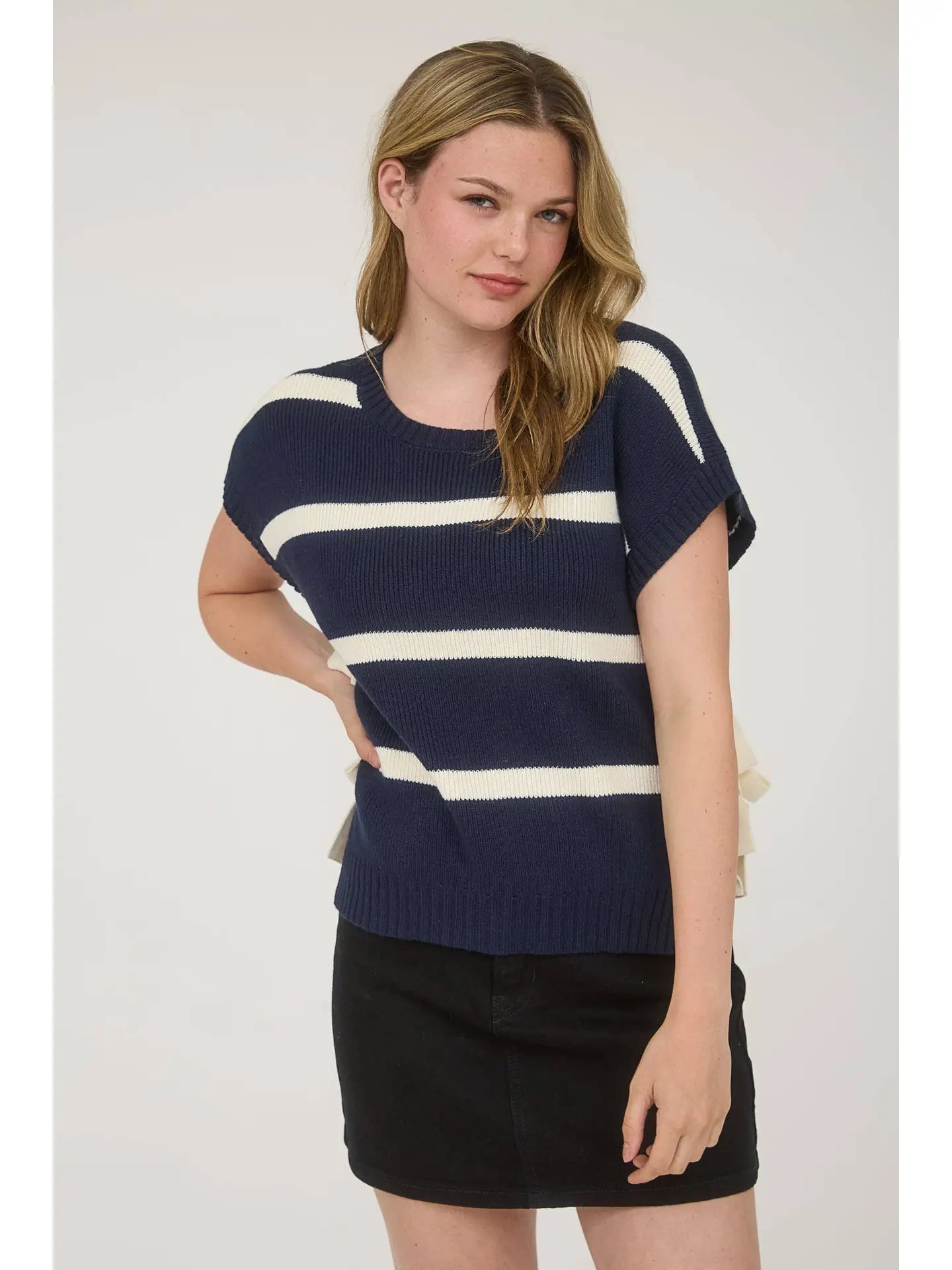 Stripe Side Tie Short Sleeve Knit Sweater cream