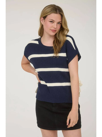 Stripe Side Tie Short Sleeve Knit Sweater cream