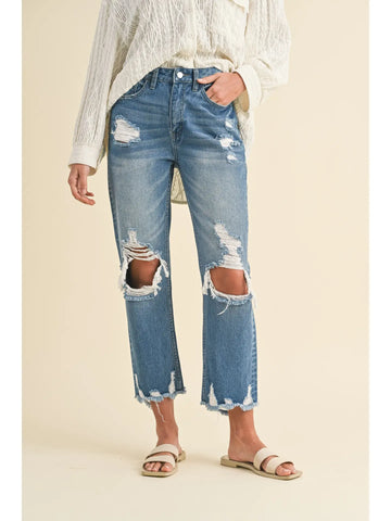 HIGH RISE DISTRESSED CROP STRAIGHT RIGID JEANS