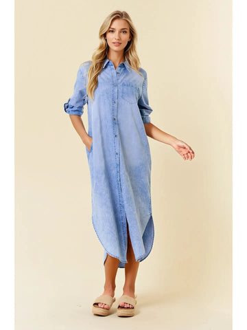 Roll Tab 3/4 Sleeve Tencel Denim Shirt Midi Dress