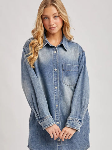 Denim Button Down Shirt Dress with Pockets