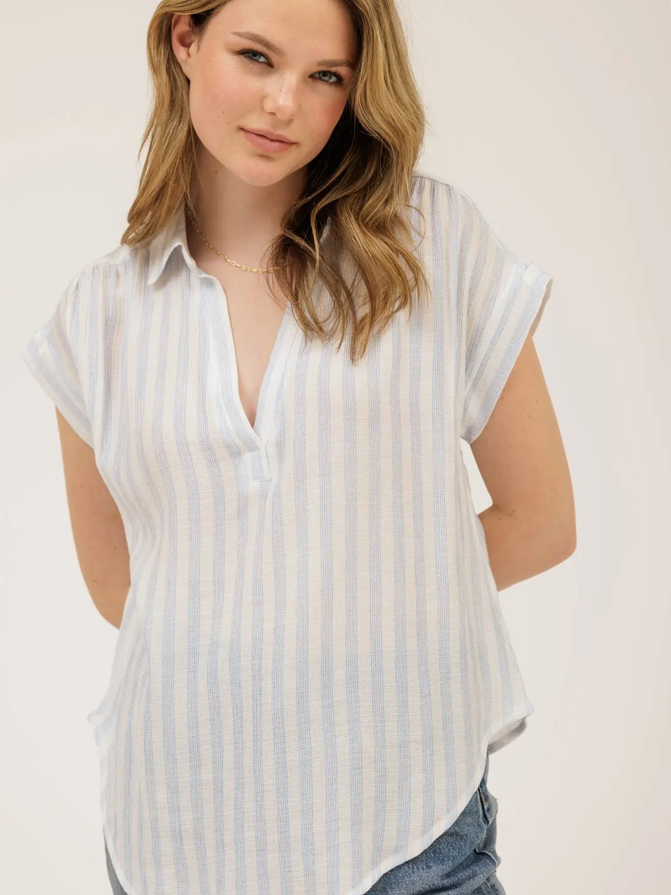 Stripe Collared Cuff Sleeve Lightweight Shirt