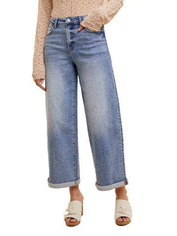 Stretch High Rise Wide Leg Roll-Up Jean