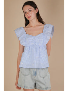 Embroidered Check Sleeveless Blouse-blue bow