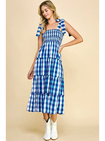 Gingham Print Tiered Maxi Dress - Blue