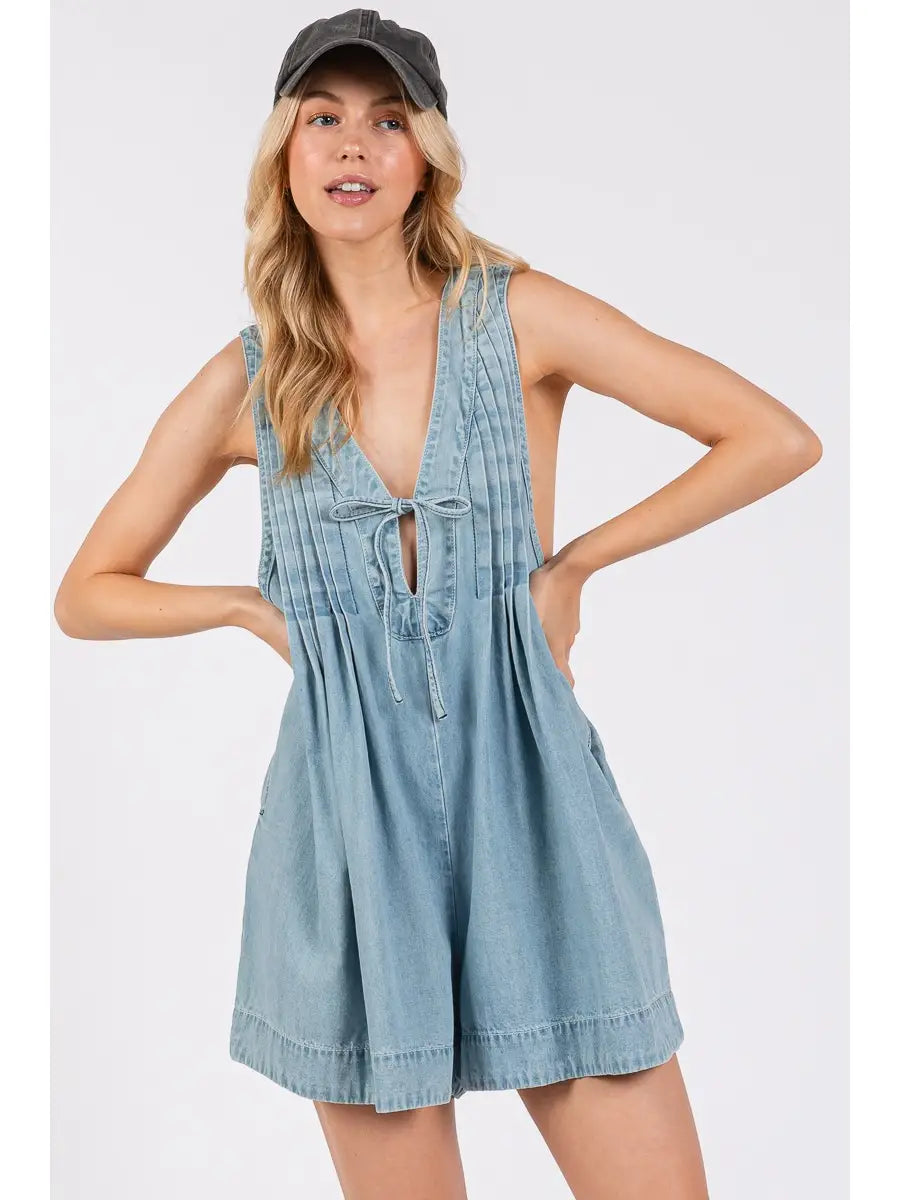 Pleated Tie Front Denim Washed Romper-JEAN