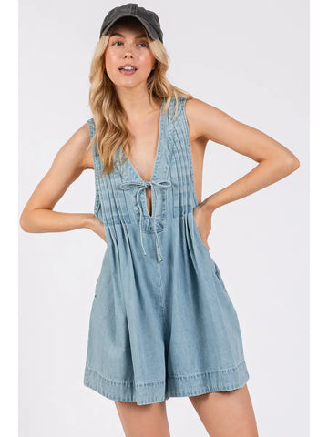 Pleated Tie Front Denim Washed Romper-JEAN