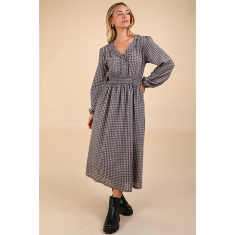 NAVY-VNECK SMOCKING LONG SLEEVE PLAID MIDI DRESS