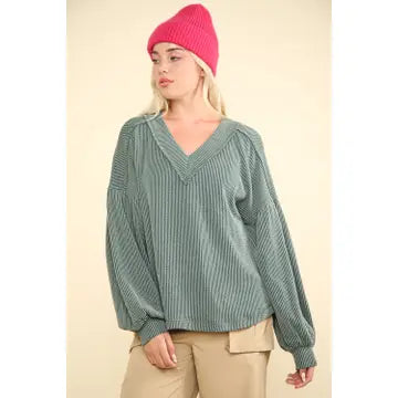 TWO TONED RIBBED V-NECK TOP-MOSS