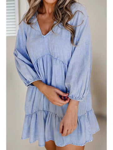 Puff Sleeve Tiered Ruffled Chambray Mini Dress