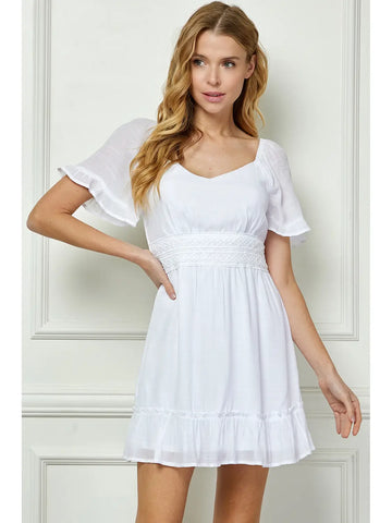 Short Dress W/Trim Detail with Lining-WHITE
