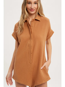 THE BUTTON UP ROMPER- CAMEL