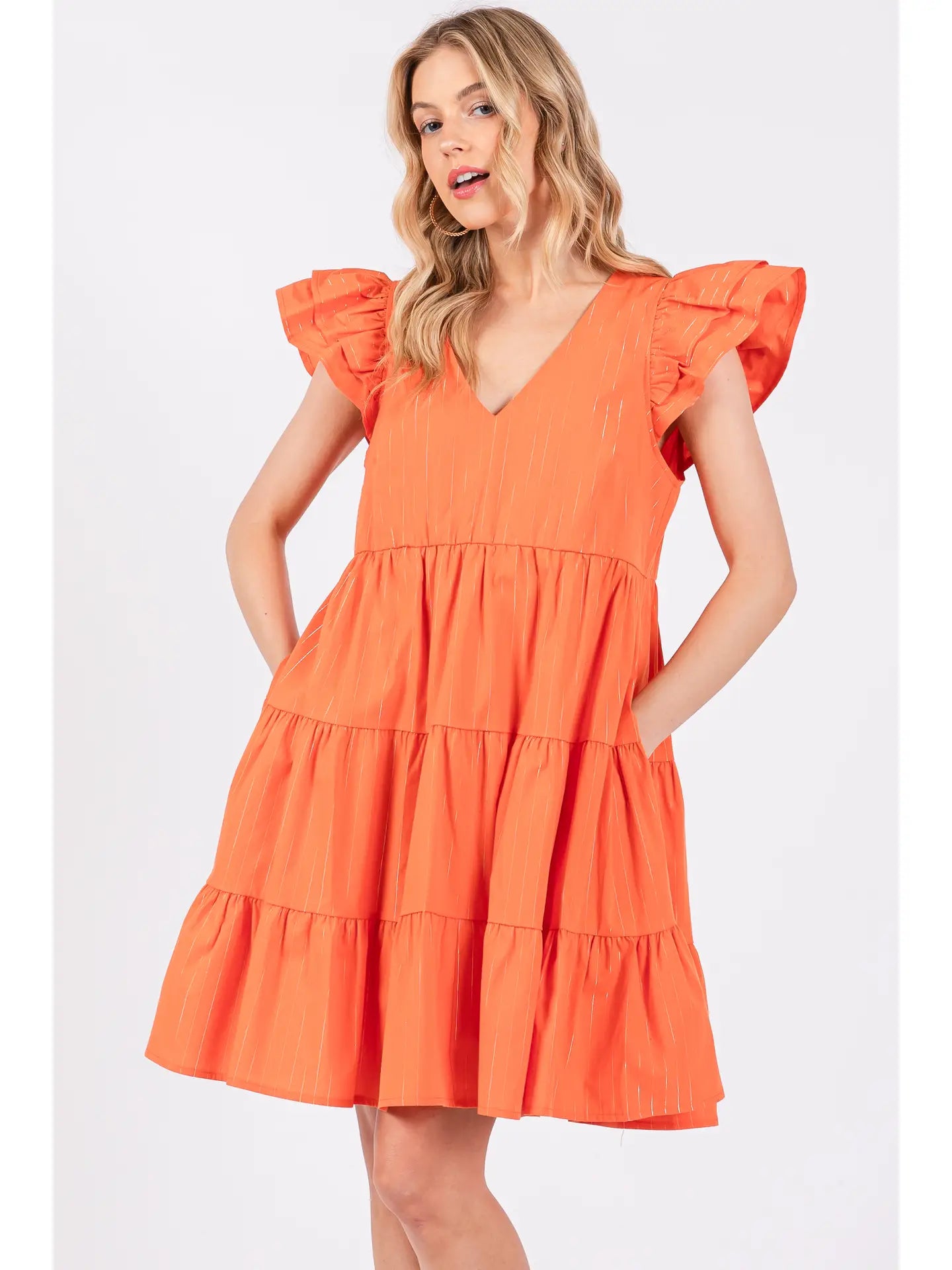 Orange V-Neck Tiered Dress