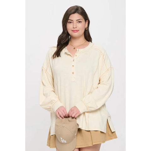 CREAM PLUS CONTRAST STICH LONG SLEEVE HENLEY TOP