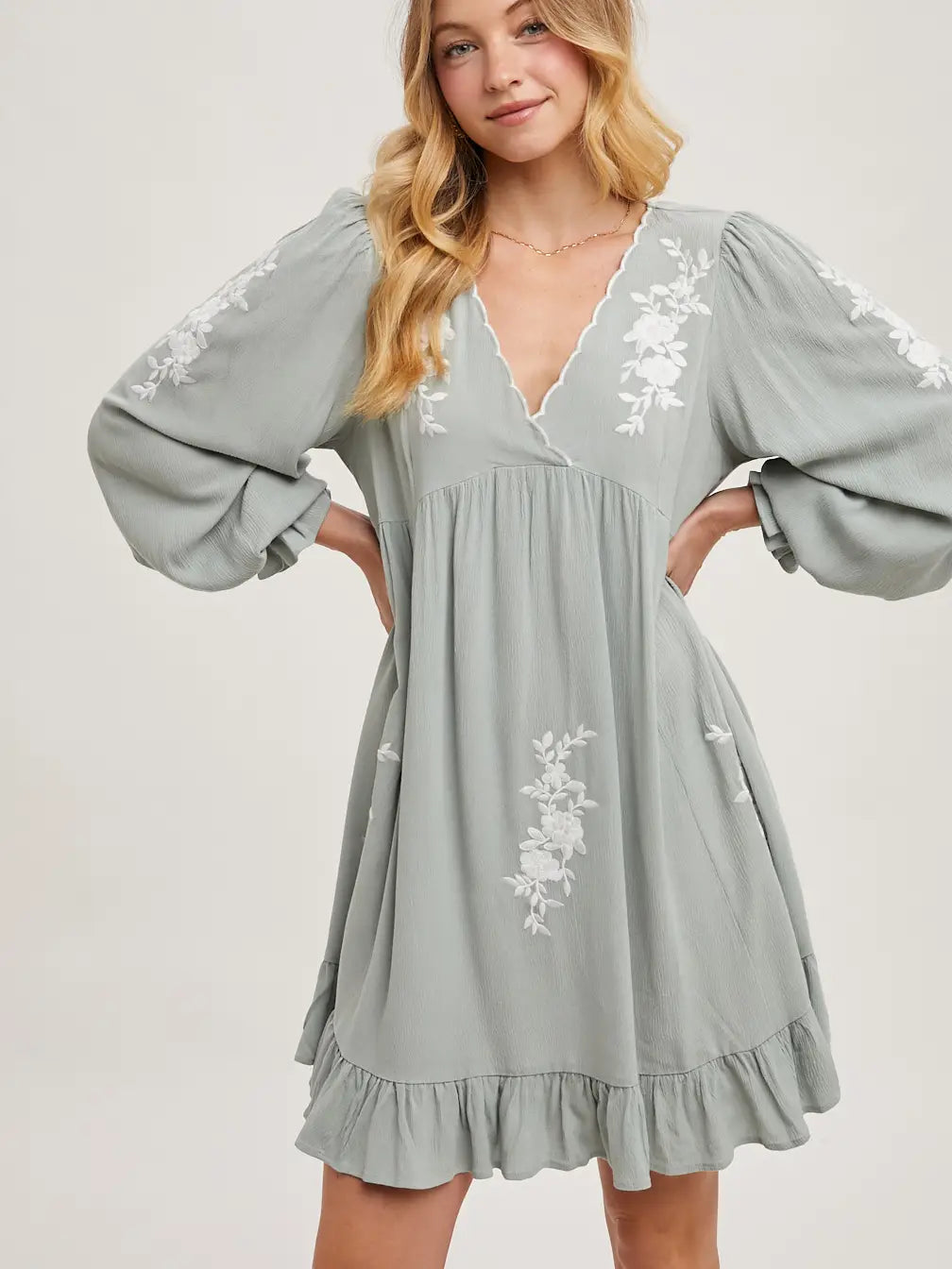 Embroidered V-Neck Ruffled Dress