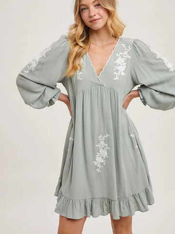 Embroidered V-Neck Ruffled Dress