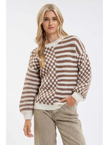 Stripe and Checkered Crewneck Knit Sweater