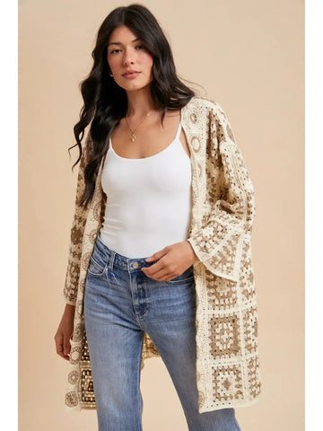 Crochet Knee Length Open Cardigan