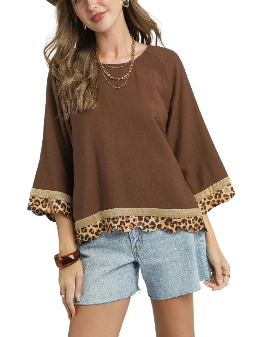 Boho Top with Leopard Trim