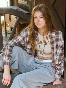 Plaid Collared Button Down Boxy Long Sleeve Shirt