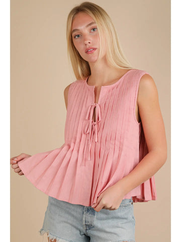 Pleated Woven Blouse Top with Front Tie-PINK